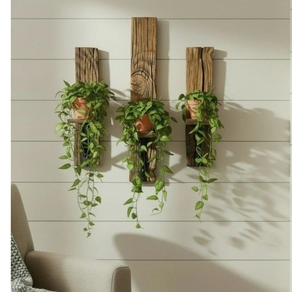 Rustic Reclaimed Wood Wall Sconce Set 3pc Floating Shelf Cast Iron‎ Branch Brown